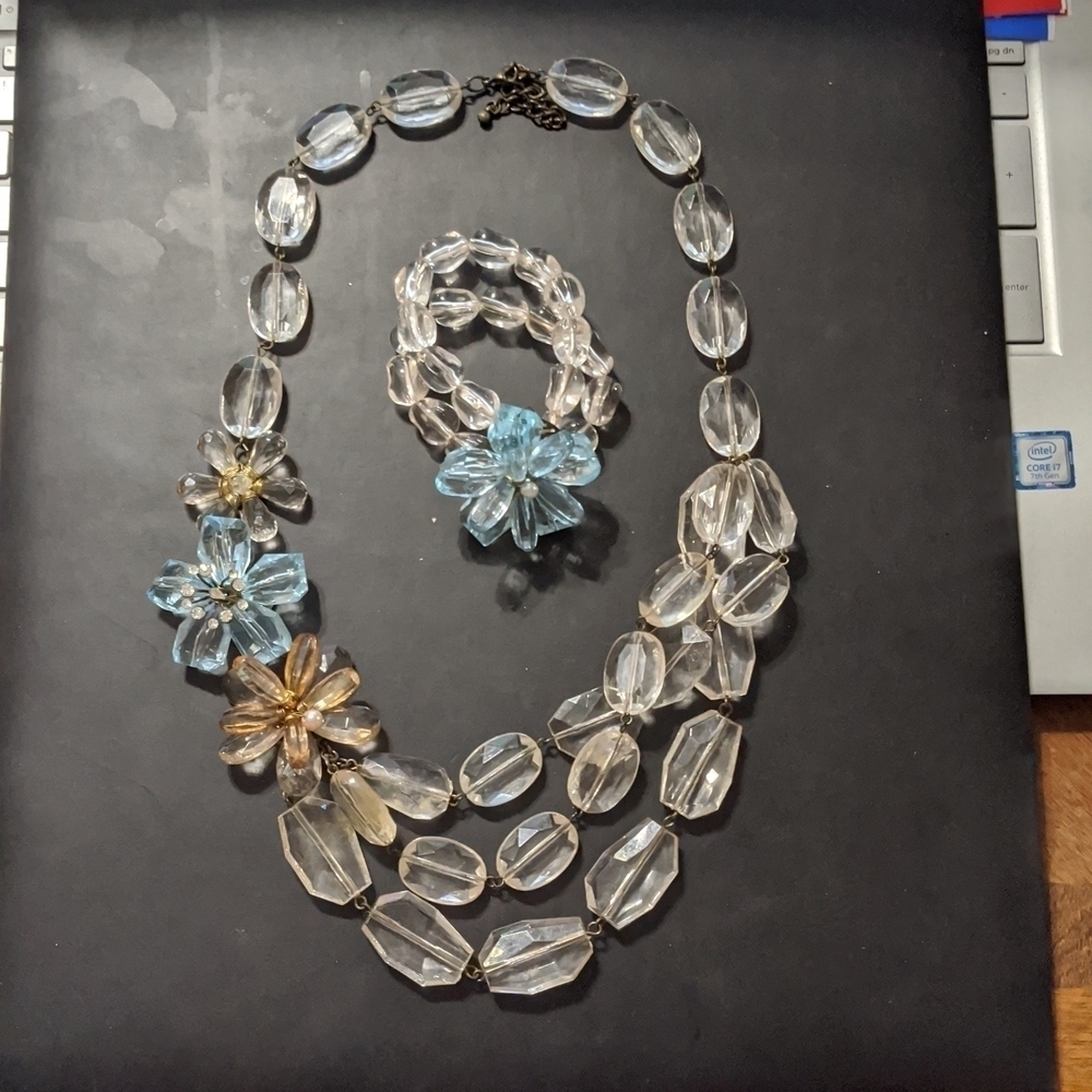 Chunky Clear Multi Strand Floral Accent Statement Necklace and Bracelet …